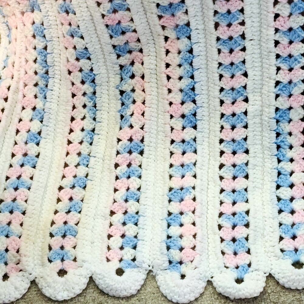 READ 34x44" Crochet Baby Blanket Handmade Multicolor Pastel Pink Blue With White
